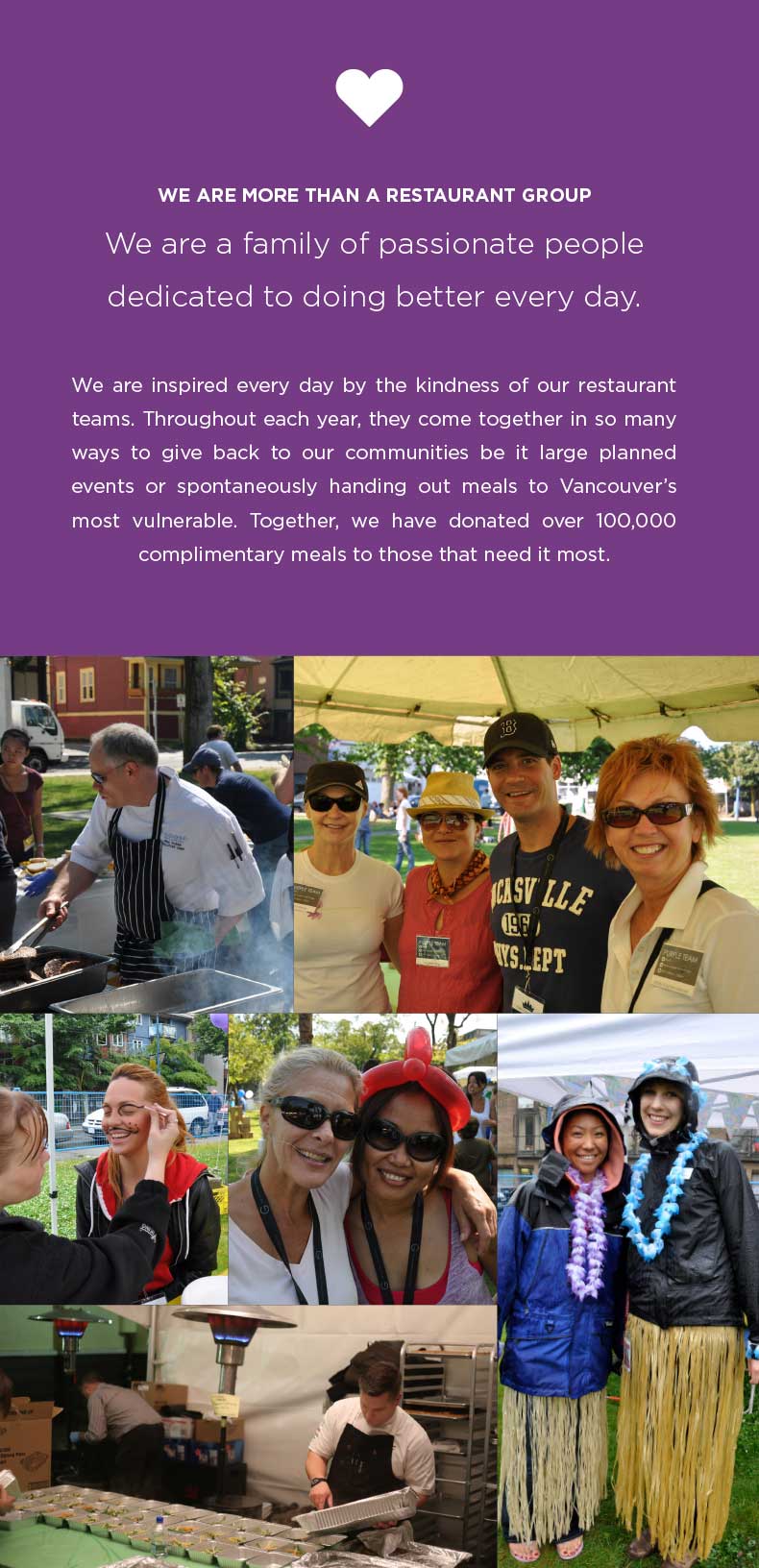 We are inspired every day by the kindness of our restaurant teams. Throughout each year, they come together in so many ways to give back to our communities be it large planned events or spontaneously handing out meals to Vancouver’s most vulnerable. Together, we have donated over 100,000 complimentary meals to those that need it most.