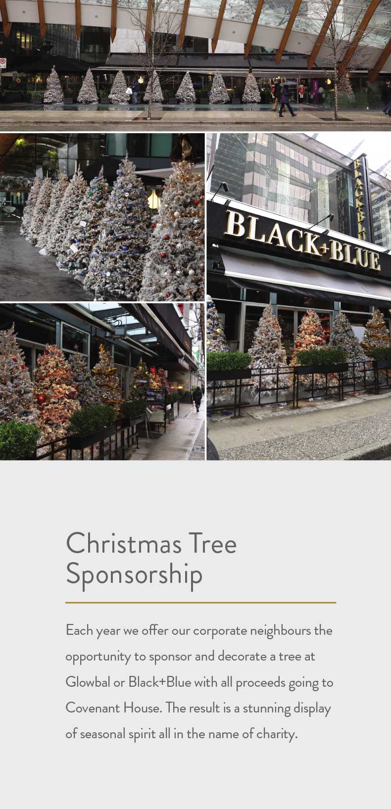 Each year we offer our corporate neighbours the opportunity to sponsor and decorate a tree at Glowbal or Black+Blue with all proceeds going to Covenant House. The result is a stunning display of seasonal spirit all in the name of charity.